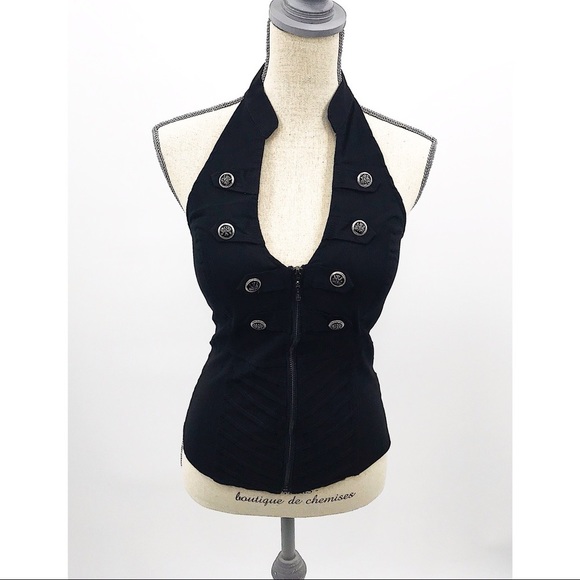 Halter with military button detailing zip front Size Small Black - Picture 4 of 8